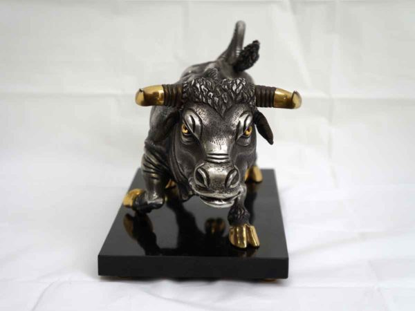 Frank Meisler Bull in silver and gold plated metal with movable head and rear legs. Front view
