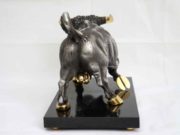 Frank Meisler Bull in silver and gold plated metal with movable head and rear legs. Back view