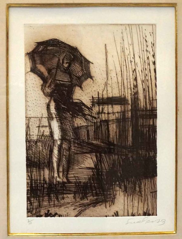 Girl with Umbrella limited edition etching by Nicola Simbari.