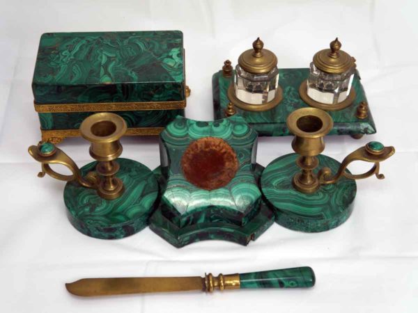 Malachite Desk writing sets artfully made by hand from natural Ural gems with the use of art casting from bronze