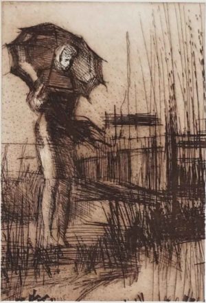 Girl with umbrella limited edition etching by Nicola Simbari