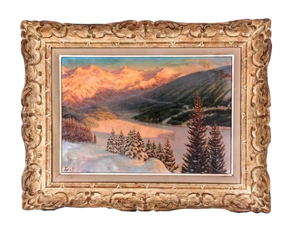 SNOW MOUNTAIN SCENE is circa 1930 painting in good condition